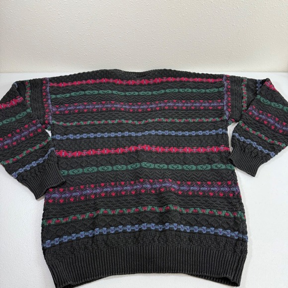 FRANKENMUTH KNIT CARDIGAN SWEATER DARK GRAY‎ MULTICOLOR STRIPE PATTERN SIZE L - Picture 2 of 8